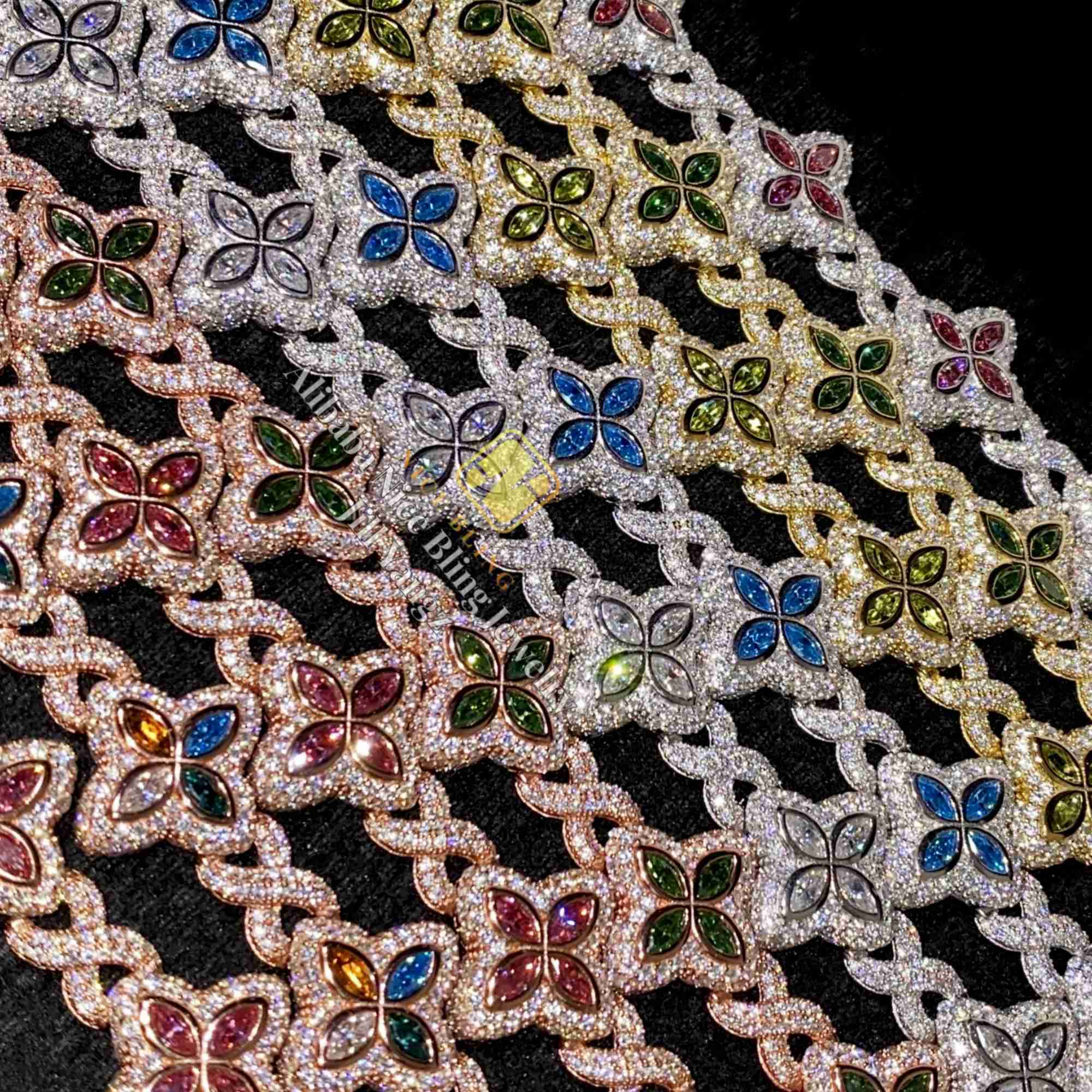 Multiple Options Color Moissanite Flower Cuban Bracelet Ready Stock Hip Hop Fancy Diamond Cuban Link Chain Moissanite 925 Silver