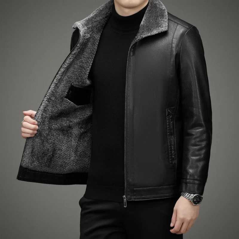 2 Colors!2023 Autumn and Winter Mens Leather Coat Thickened and Velvet Flip Collar Warm Leather Coats Mens JacketXJ241206