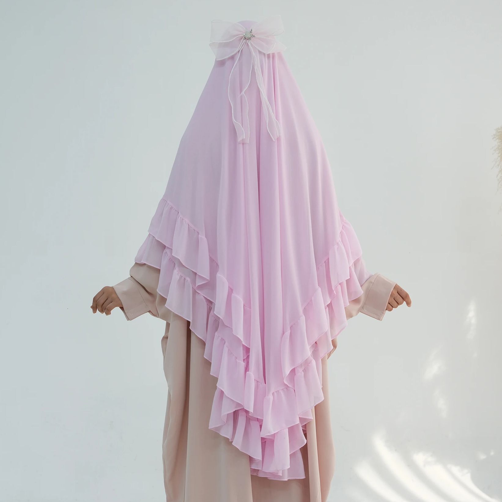 Chiffon Khimar Hijab For Muslim Women (No Niqab), Sweet Ruffles, Extra-Long, Double Layers, Islamic Headcover, Party, Ramadan