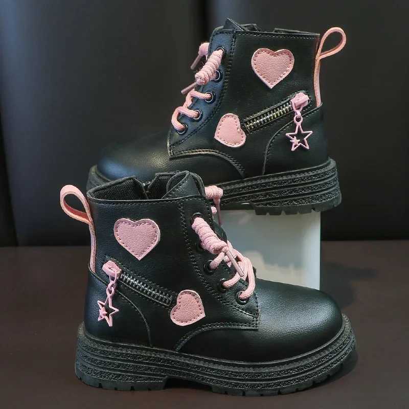 New Girls Boots Kids Fashion Rubber Boots Cool Girls 2024 Autumn Winter Cotton Soft Sole Pink with Love Side Zip Princess ShoesXJ241206