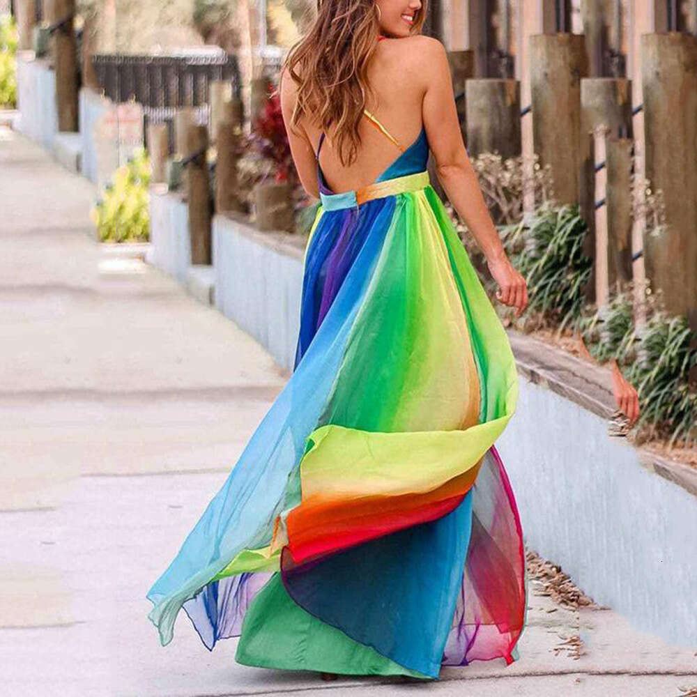 Spring/Summer European Beauty Sexy Deep V Rainbow Chiffon Strap Dress 2024 New Style Unique Elegant Clothing