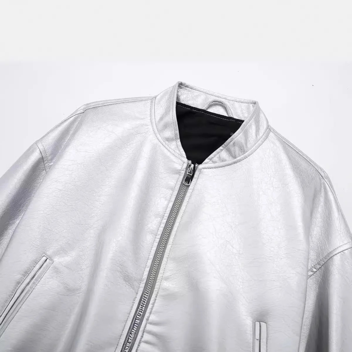 ZR European and American style womens faux leather metal bomber jacket denim 241206