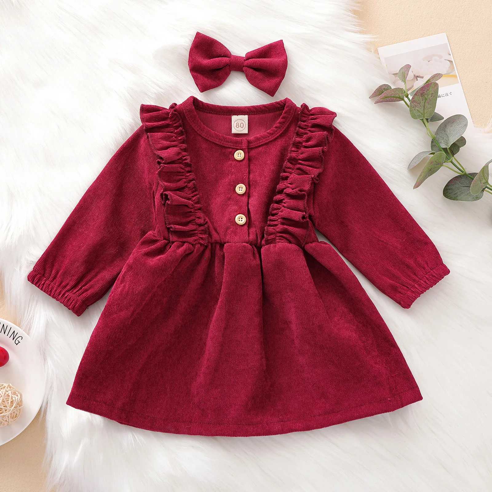 0-5Y Kids Girls Casual Corduroy Dress Baby Fall Winter Clothing Long Sleeve Ruffle A-line Princess Dress Headband OutfitsXJ241206