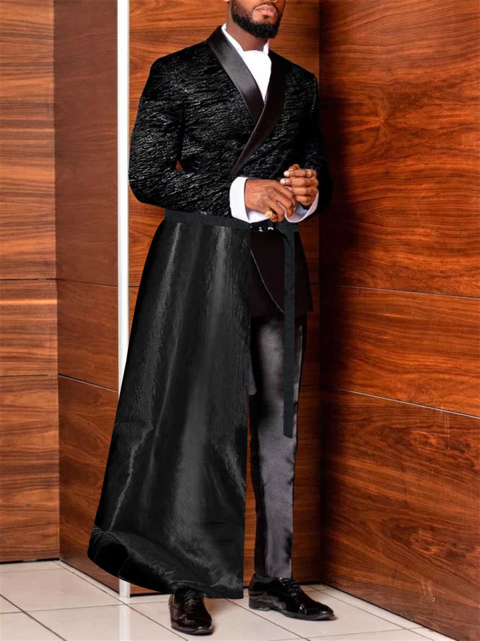 Customized Mens Royal Satin Suits Jacket Pant with Long Cape Fashion Formal Party Wear Wedding Tuxedos 2 Pieces