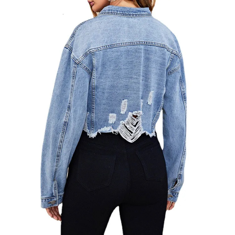 European and American womens fashion denim jacket with torn holes short casual street clothing 241206