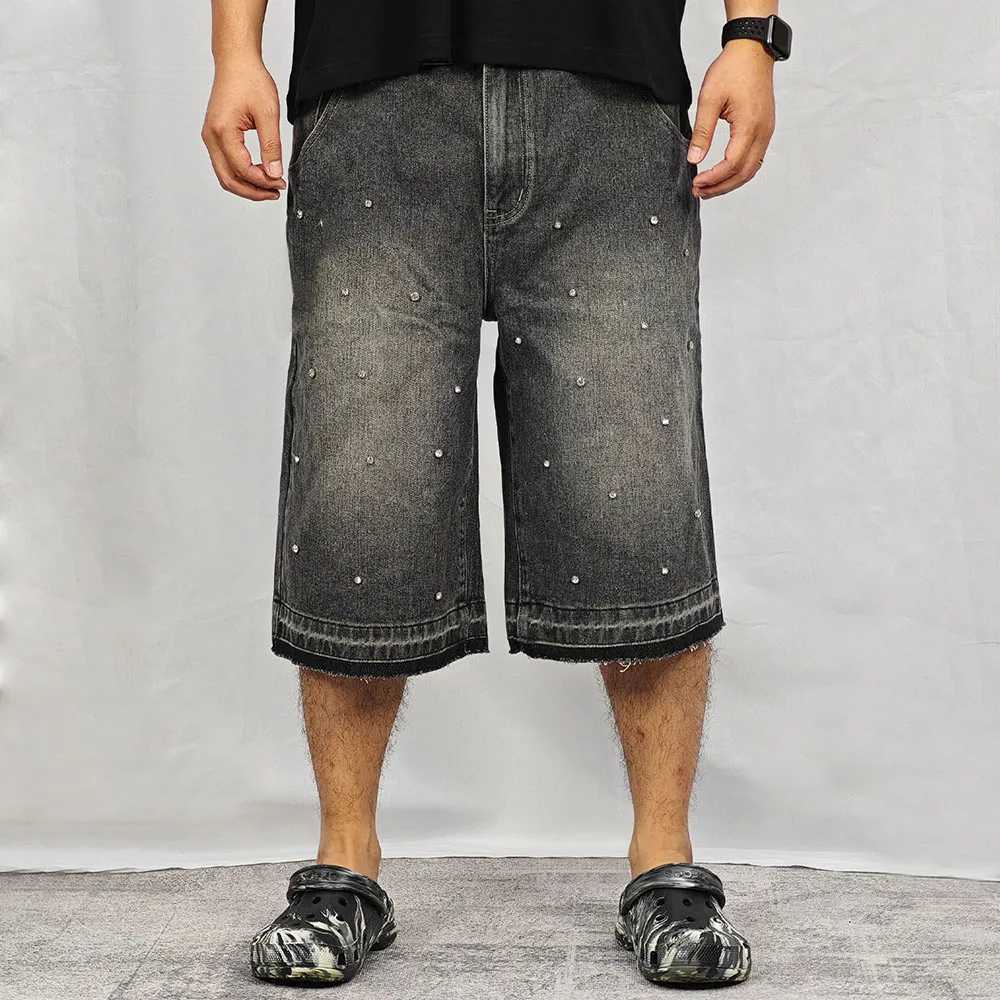PEERAGE Y2k Retro Rhinestone Washed Wide Leg Baggy Long Jorts Men Streetwear Oversized Frayed Black Grey Loose Denim Jean ShortsXJ241206