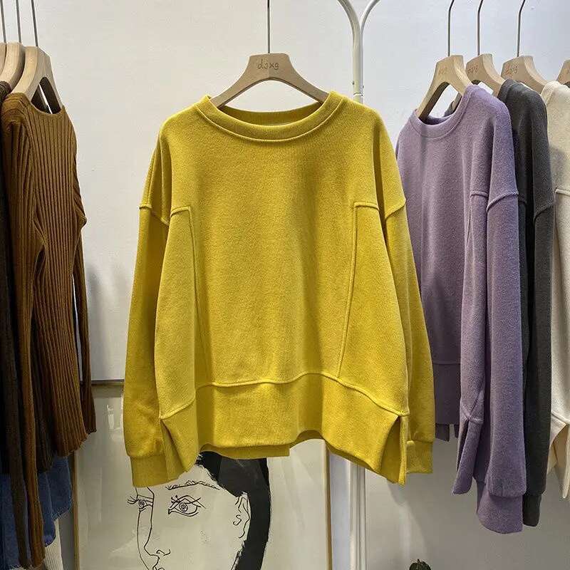 Women's Spring Autumn Thin Sweatshirt New Korean Ins Trendy Stylish Versatile Loose Fit Lazy Side Slit Jacket Top