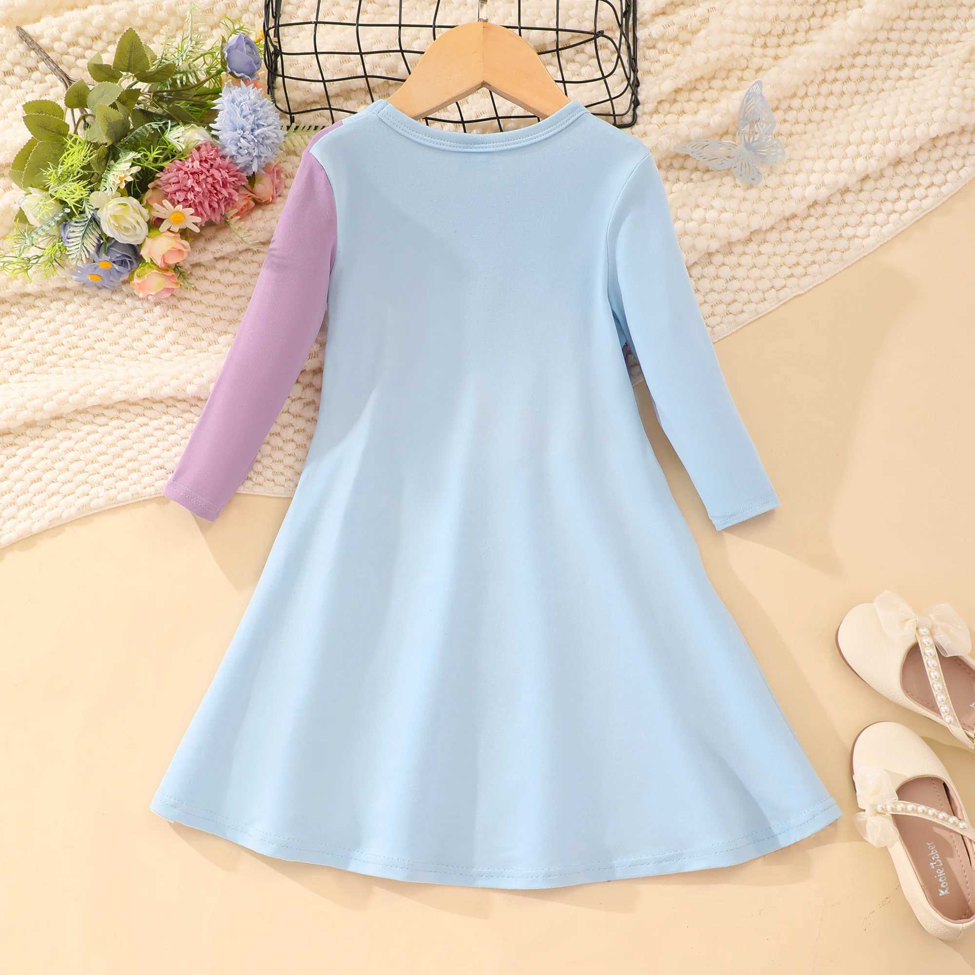 2024 Dress Childrens Girl Contrast Color Round Neck Long Sleeve Par Princess Dress 3 4 5 6 7 8 Years Flower Girls DressesXJ241206