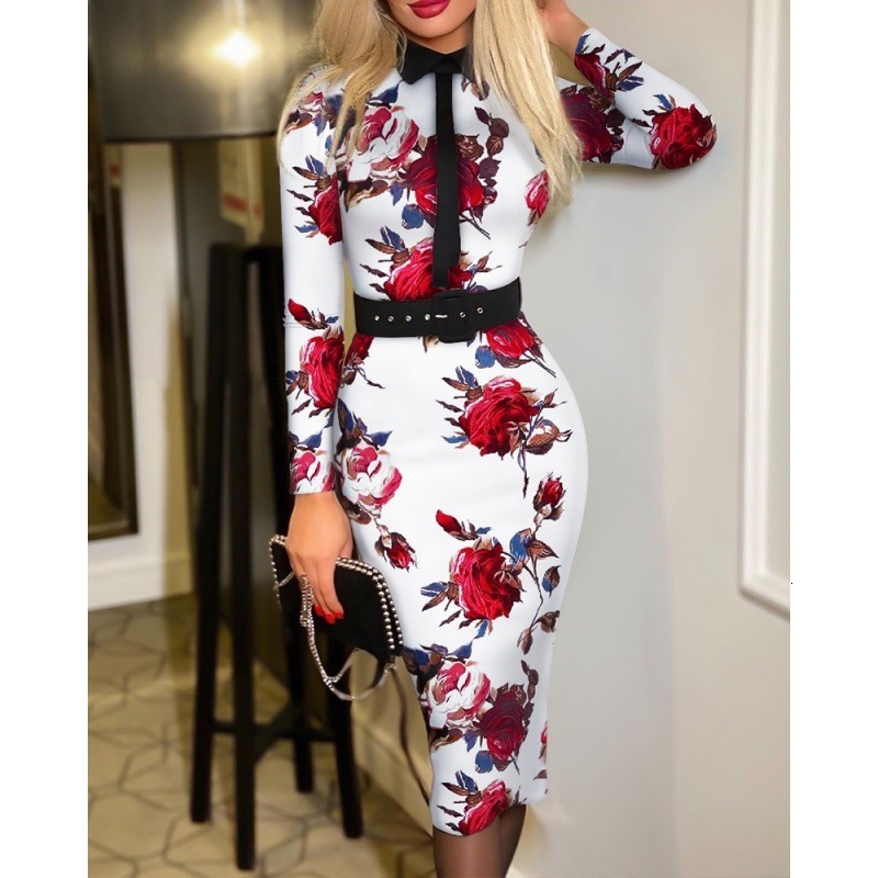 independent site popular fashion women's printed dress with belt for women