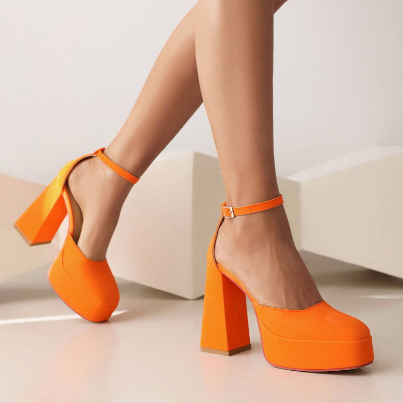 Summer Sliver Pink Retro Block 12Cm High-Heeled Ladies Buckle Strap Platform Sandals Orange Black Cover Heels Women Shoes Party