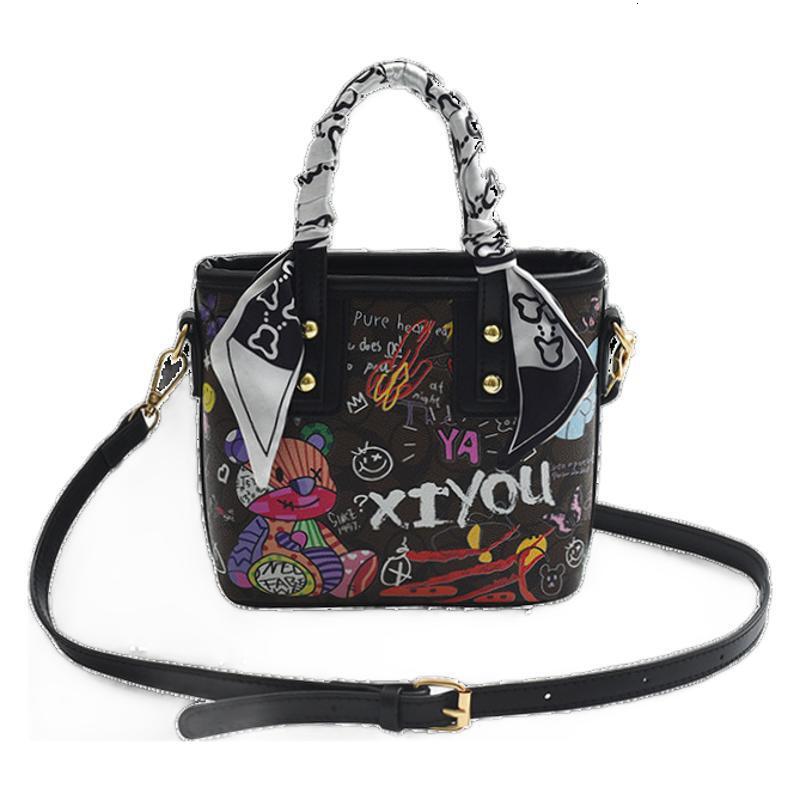 2024 Autumn New Handbag Women's Cartoon Bear Graffiti Bucket Texture Fashion Single Shoulder Crossbody Bag