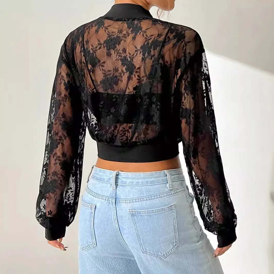 Womens Jacquard Lace Perspective Zipper Short Sleeve Jacket Top 241206