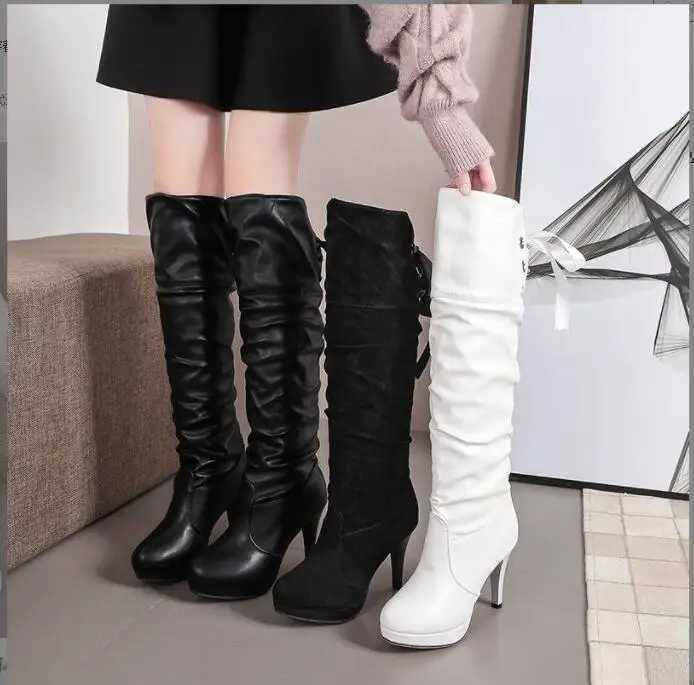 High Quality New Warm Boots Classic White and Black Shoes Luxury Fi Autumn Soft Leather Elegant Foldable Knee High Lace Fi Boots T241206