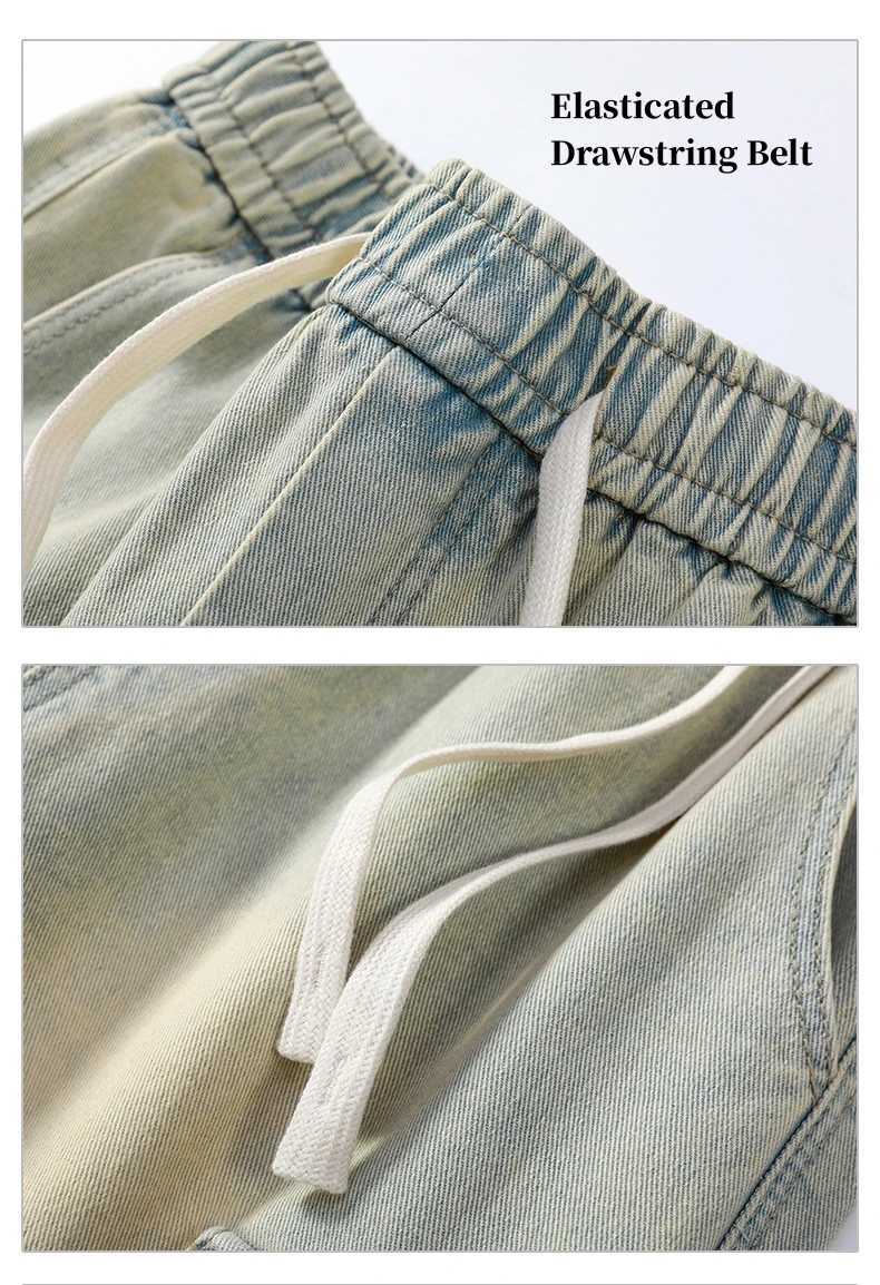 American Style Multi-Pocket Workwear Denim Shorts Mens Elasticated Drawstring Waist Loose Straight Leg Five PantsXJ241206