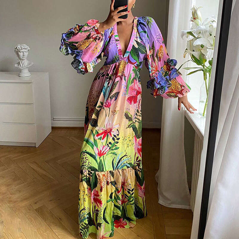 summer printed gradient color ruffle V-neck sexy slim formal dress 2024 new style chic and elegant clothing