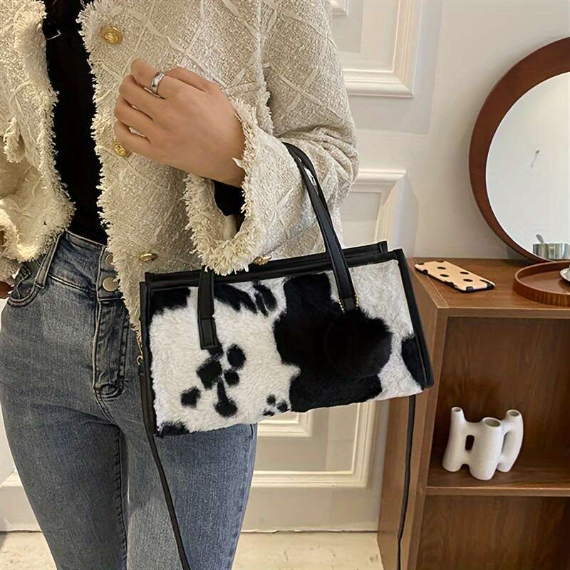 Fluffy Cow Pattern Tote Handbag Soft Faux Fur, Vintage Y2K Inspired, Spacious Interior, Stylish Shoulder Bag Women - Perfect for Daily Use, Casual Out