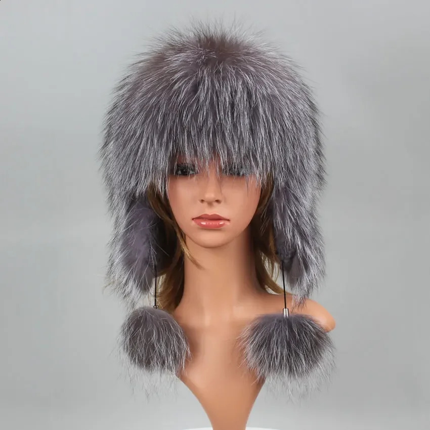 Real fox fur puffy bomber winter bonnet hat Russian female bear natural raccoon fur hat Knitted skull bear female hat 241206