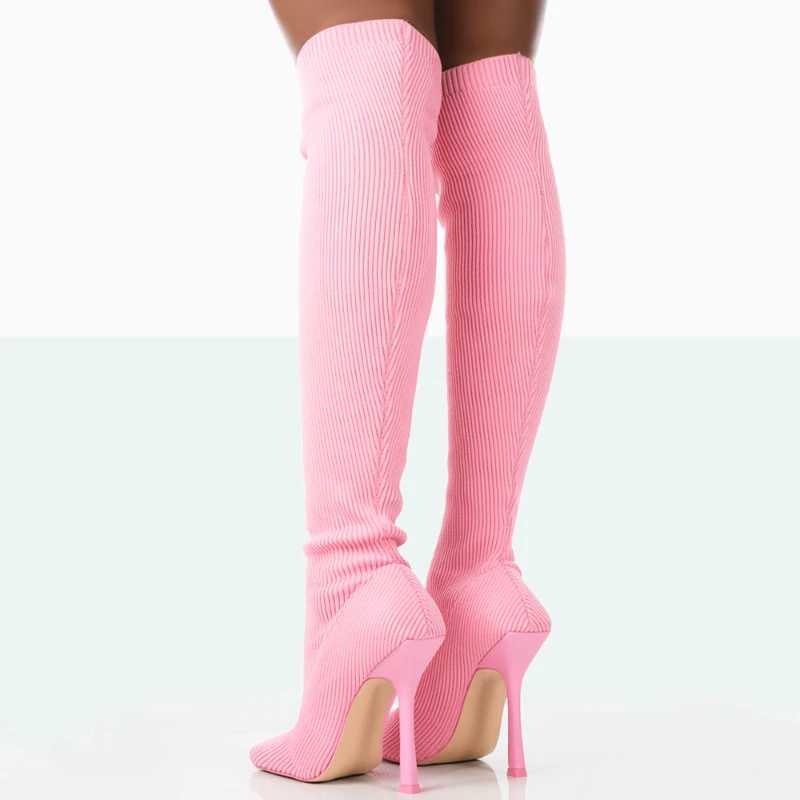 High Quality Knitted elastic knee high boots square toe slim high heels sliding boots winter shoes party dresses sexy Ccise T241206