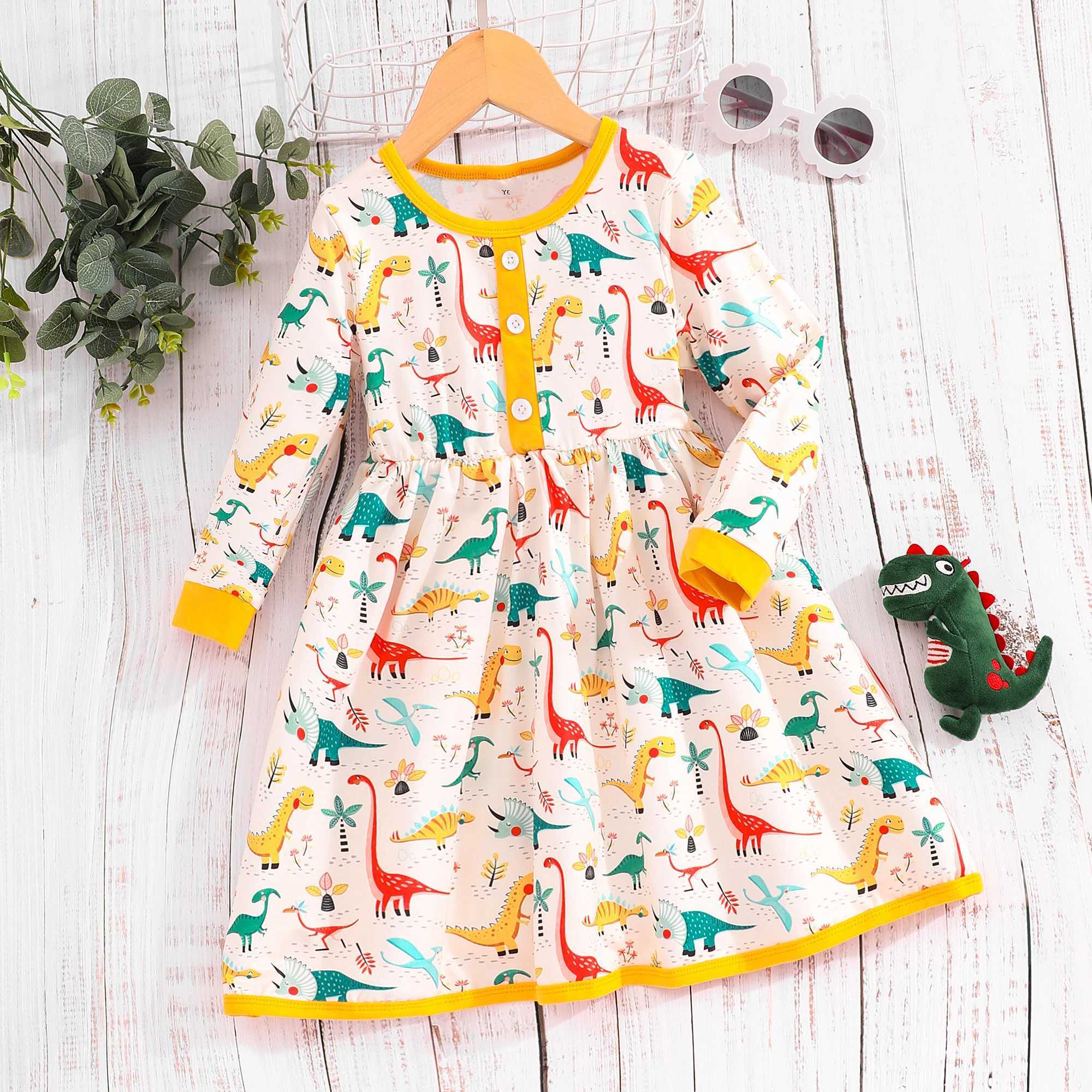 2024 Summer Kids Girls Dress Floral Long Sleeve Dinosaur Princess Dresses Autumn Birthday Par Gown Dress Clothes 2-8 YearsXJ241206
