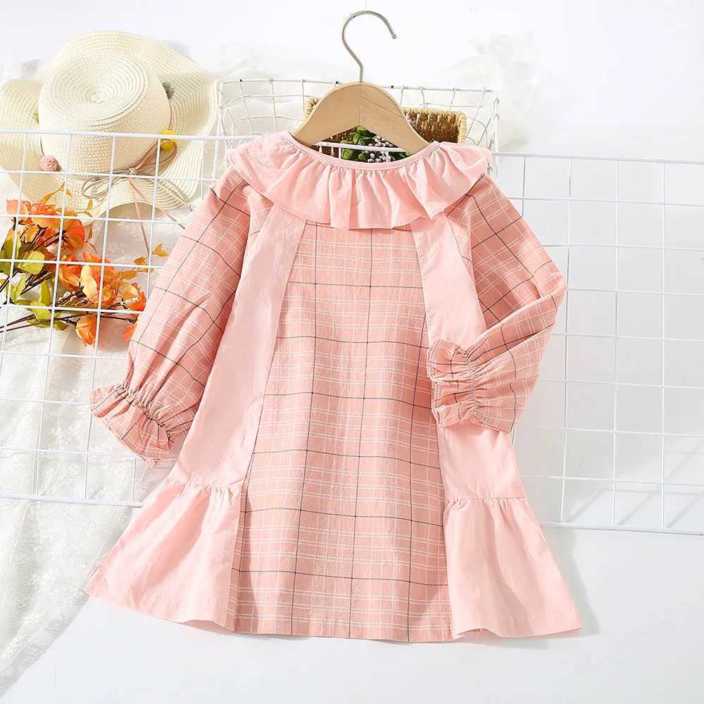 Girls Dress Spring and Autumn Childrens Fashion Ruffle Edge Round Neck Plaid Long sleeved Girls Dress TrendXJ241206