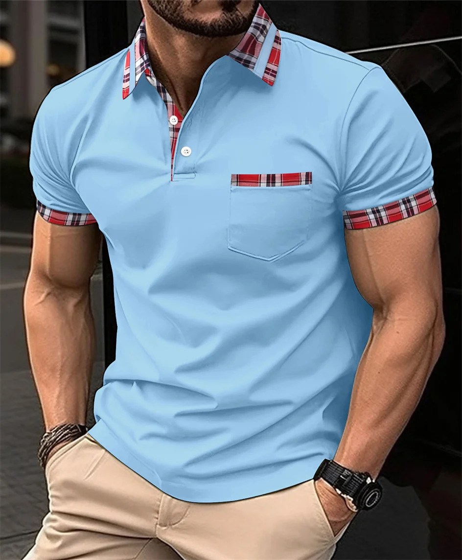 Mens Summer Red Check Collar Patchwork POLO Shirt Short Sleeve Casual Fashion Chest Pocket Small n High Quality Pullover 241205
