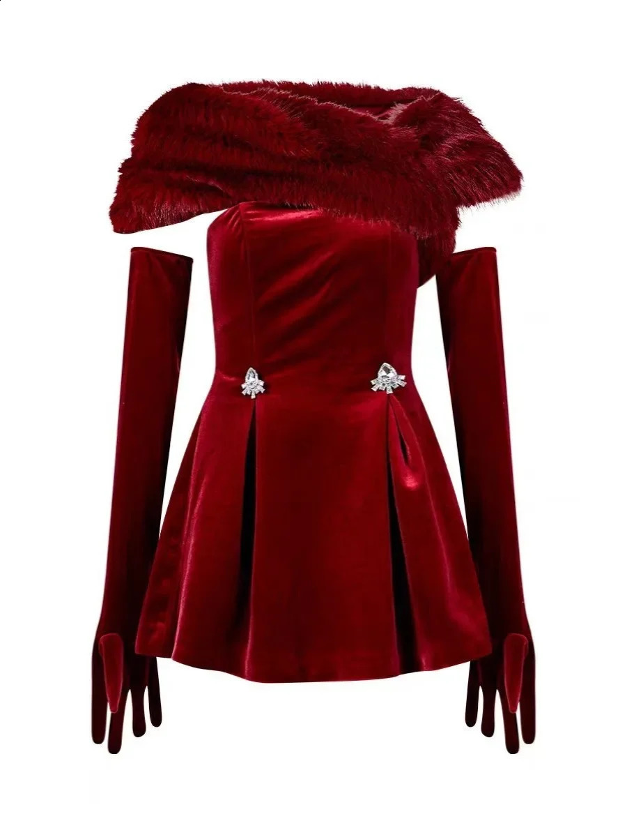 Womens Dress 2024 Spring/Summer Red Velvet Diamond Decorative Shoulders Detachable Fur Collar Dress 241206bj