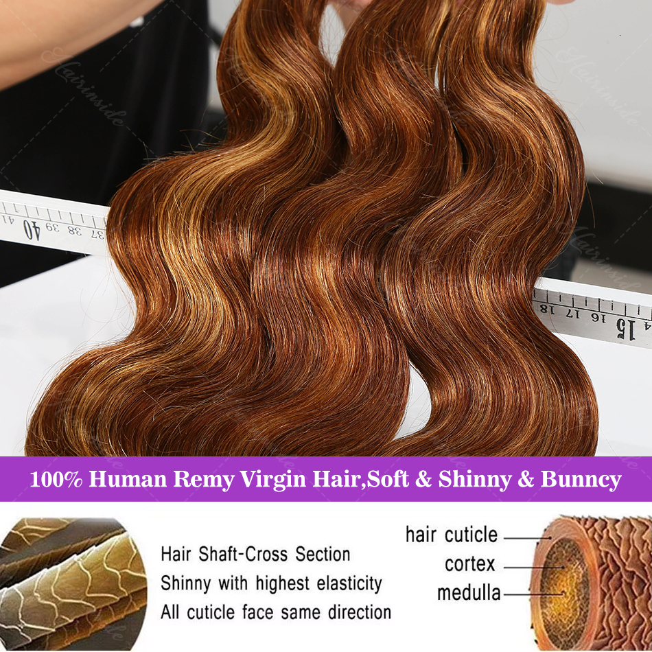 Highlight Body Wave Raw 100% Human Hair Wavys Brown Colored Brazilian Remy 30 Inch Weave Bundles Extensions Double Weft