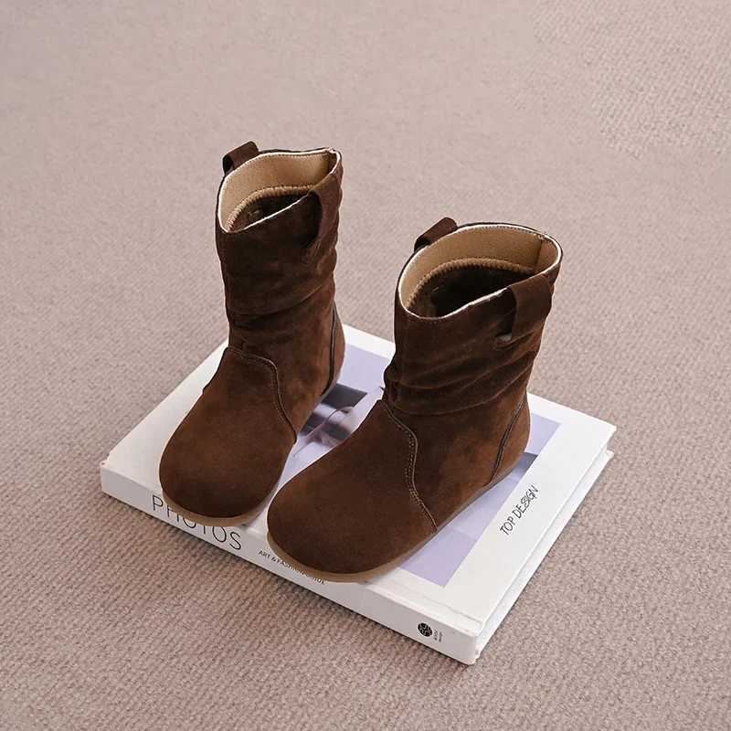 Children Stacked Leather Boots Girls Cowboy Fashion Boots Retro Sle Kids Flats Short Boots All Match Spring Autumn 2024 NewXJ241206