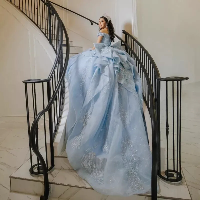 Light Sky Blue Princess Quinceanera Dresses 3D Floral Appliques Off Shoulder Beaded Special Occasion Gowns Ruffles Lace Appliques Sweet Sixteen Dress