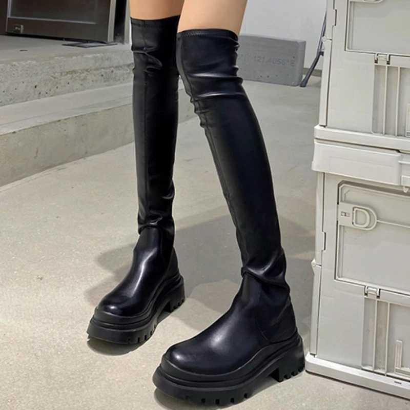 High Quality Wans Over the Knee leather zipper thin elastic flat Botted Lg high tube elastic platform boots T241206