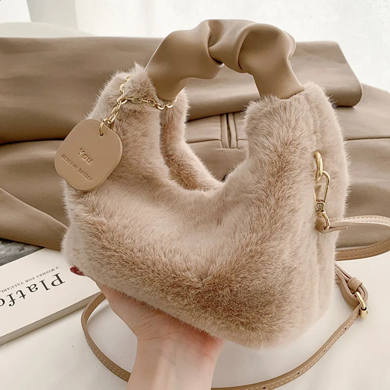 Womens artificial fur soft plush handbag Ruched handle small shoulder cross body bag casual fluffy handbag wallet winter bag 241204