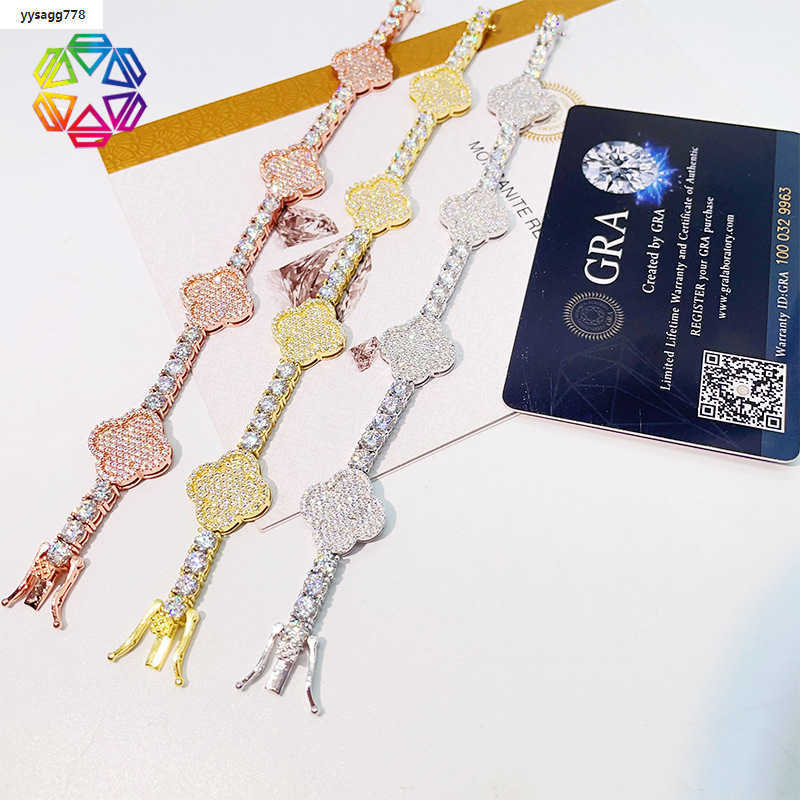 New Clover Bracelet 925 Silver Jewelry Moissanite 3/4mm Fashion Mens and Womens Hip Hop Accessories Lucky Grass Bracelet
