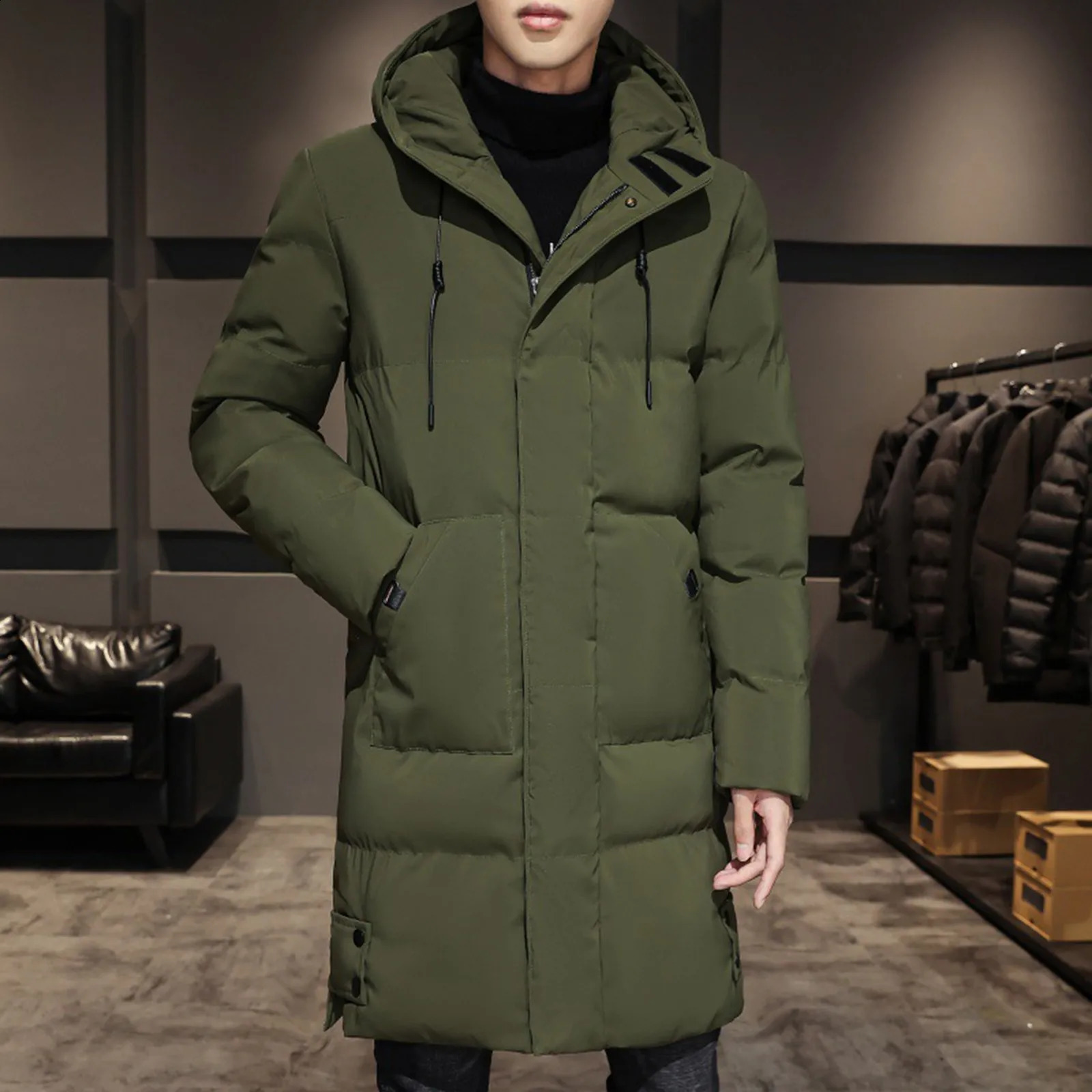 Mens Autumn and Winter Long Down Jacket Solid Color Zipper Pockets Parkas Thicker Warm Casual Cotton Padded Hooded 241205