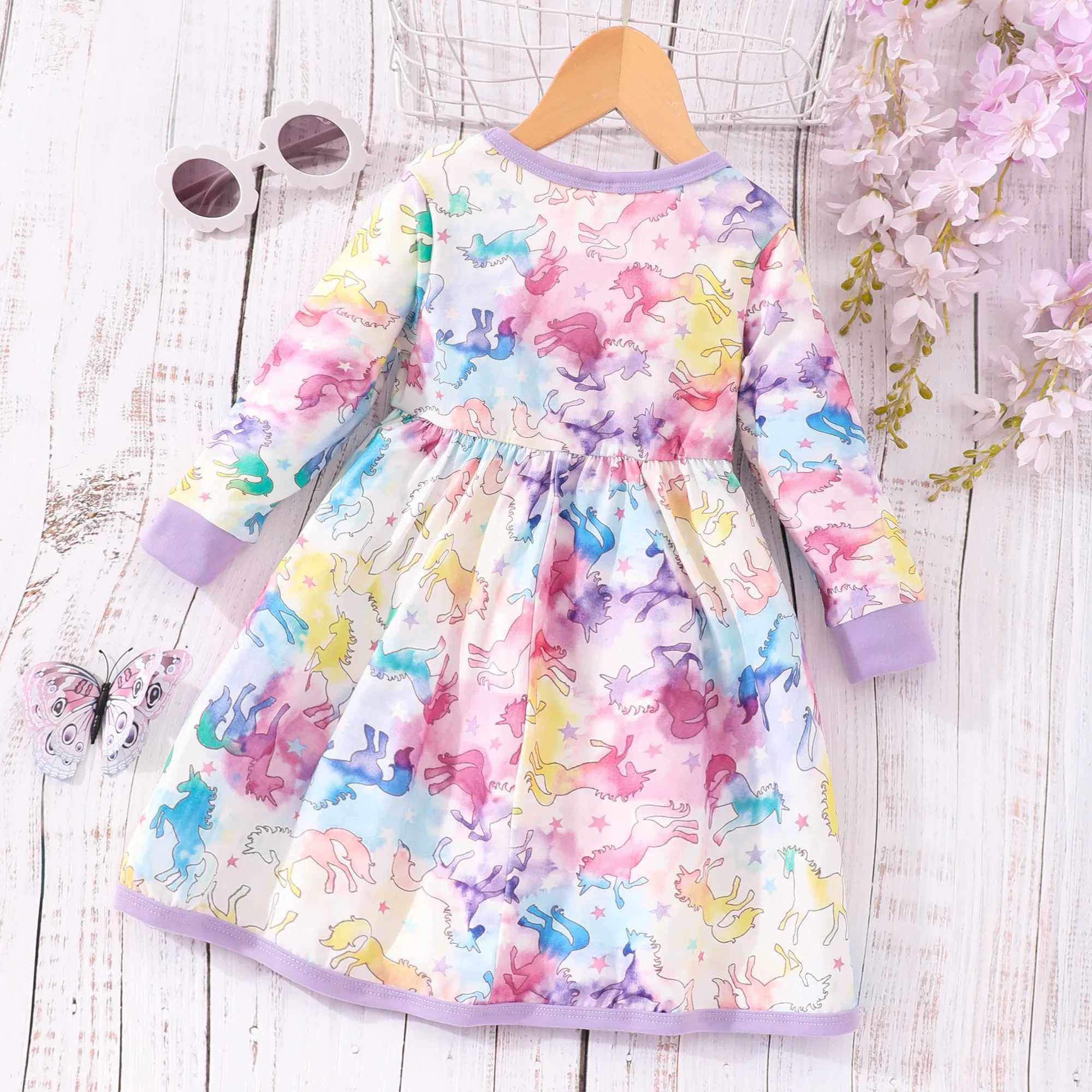 2024 Summer Kids Girls Dress Floral Long Sleeve Dinosaur Princess Dresses Autumn Birthday Par Gown Dress Clothes 2-8 YearsXJ241206