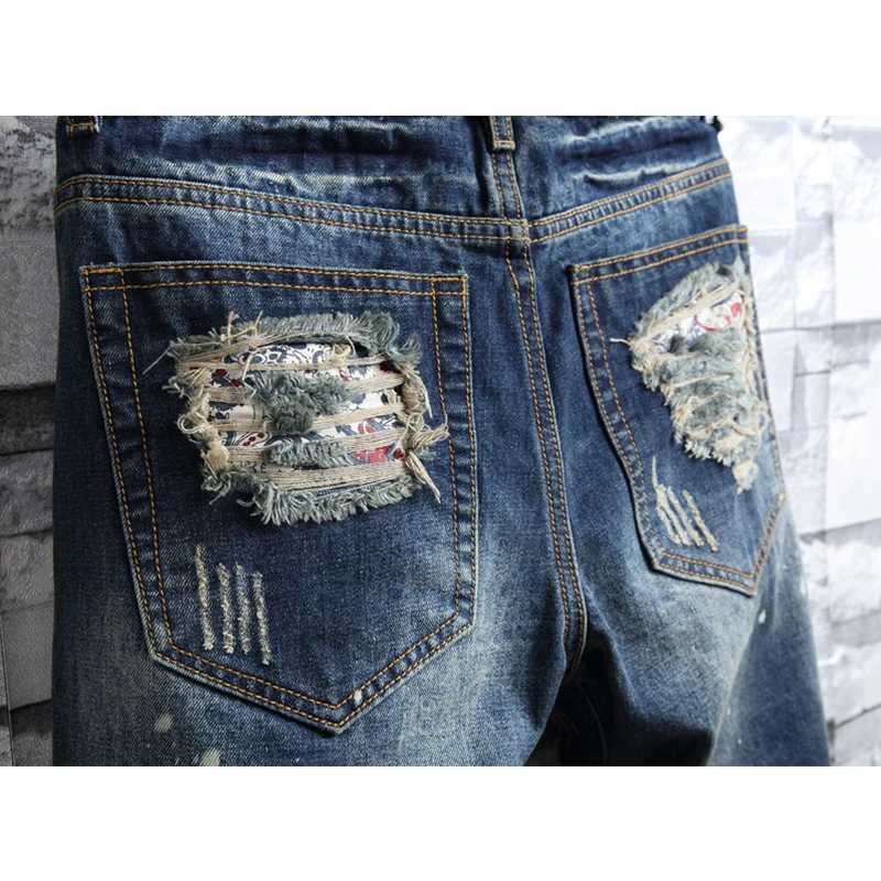 Summer High Street Ripped Short Jeans Mens Fashion Vintage Denim Shorts Slim Straight Hole Hip-hop Knee-length PantsXJ241206