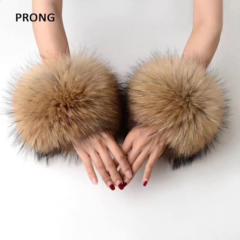 Real raccoon fur cuffs arms warm hands womens bracelets natural fur wristbands gloves sweaters jackets plush cuffs warm hands in winter 241206