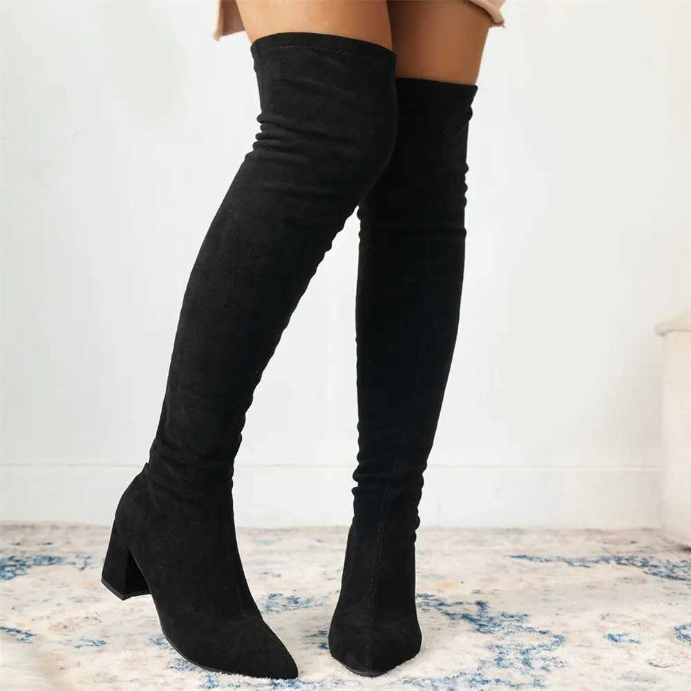 High Quality New Classic Sexy Wens Over the Knee Boots Elegant Block High H Elastic Streh Boots Shoes for Party Big Size 42 T241206