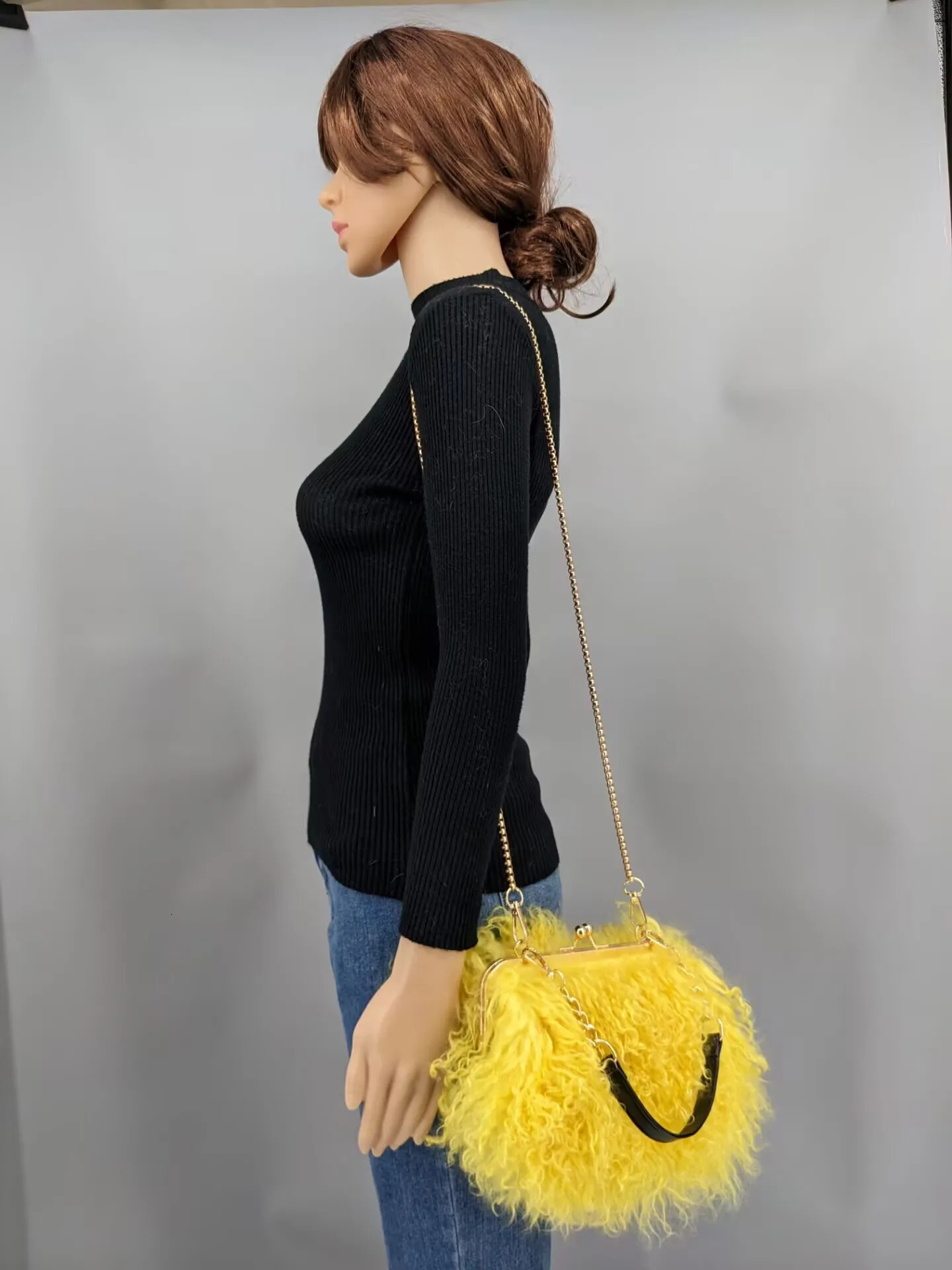 real Long Fur Wool handBag Women Mongolian Sheep Fur Bag Beach Wool Fur One Shoulder bag 241206