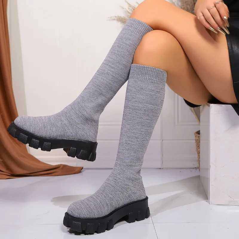 High Quality 43 thick soled knitted Lg boots suitable for Wenfei elastic socks shoes knee boots round toes low H Botas De Mujer T241206