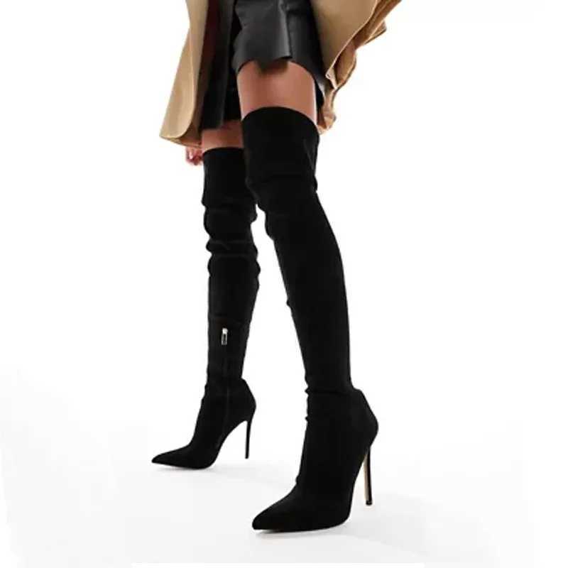 High Quality Black striped boots suede high H-point thick boots size zipper knee boots sexy sneakers T241206