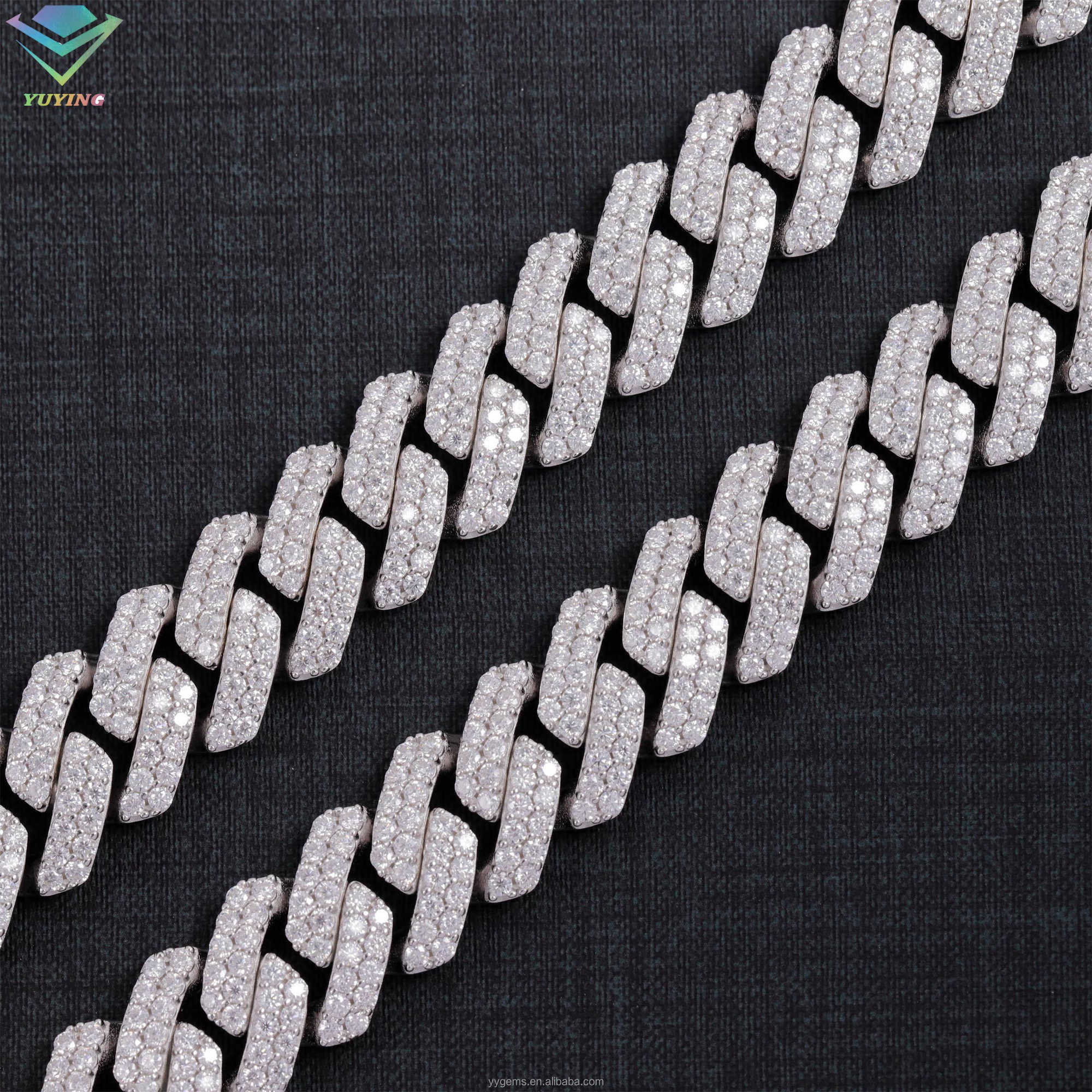 Hot Sale VVS Mossanite Cuban Chain Jewelry 2rows 15mm Wide 925 Solid Silver iced out Diamond Cuban Link Chain Hip Hop Necklace