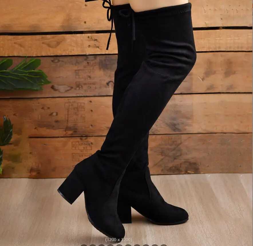 High Quality New thick sock boots knee high webbing autumn short and chubby H black suede leather elegant and sexy high heels large size T241206