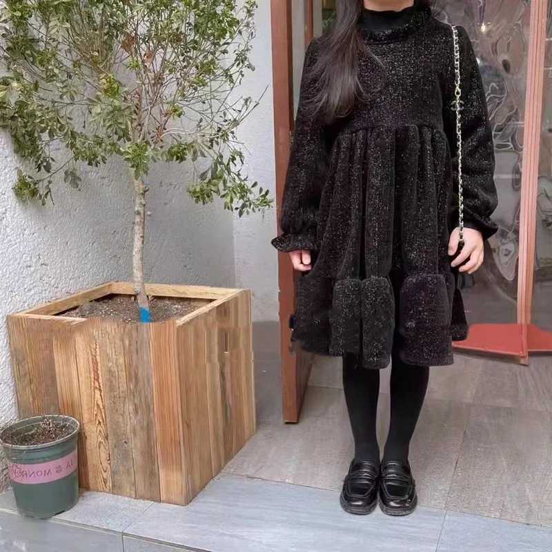 Girls Skirt Christmas and New Year Girls Skirt Canary Plus Velvet Thick Bow Dress Princess Dress 2024 New Winter Dress FashionXJ241206