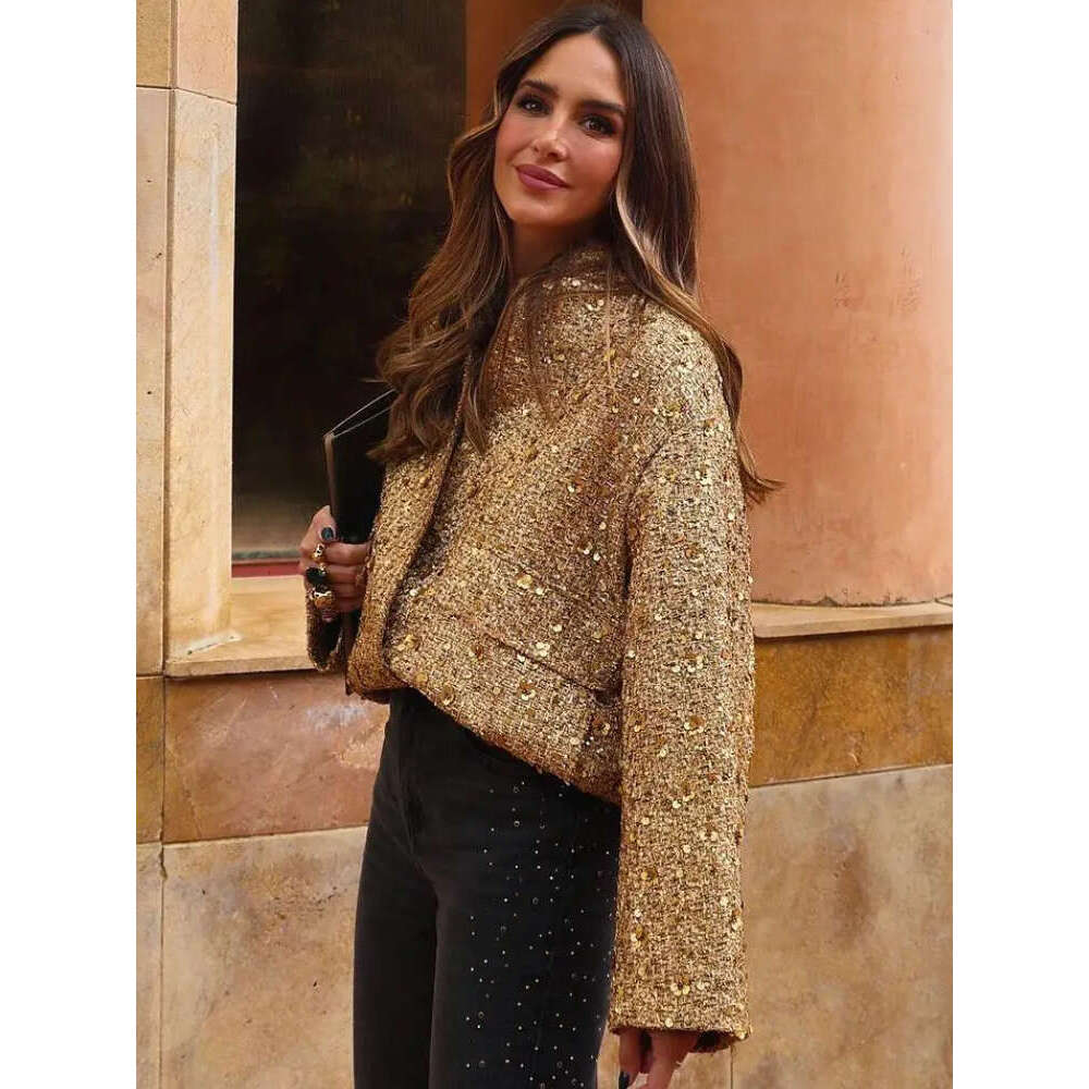 Women's Sequined Bomber Fall New Round Neck Long Sleeve Pocket Stretch Hem Sequins Jacket Coat Female Chic Outerwear