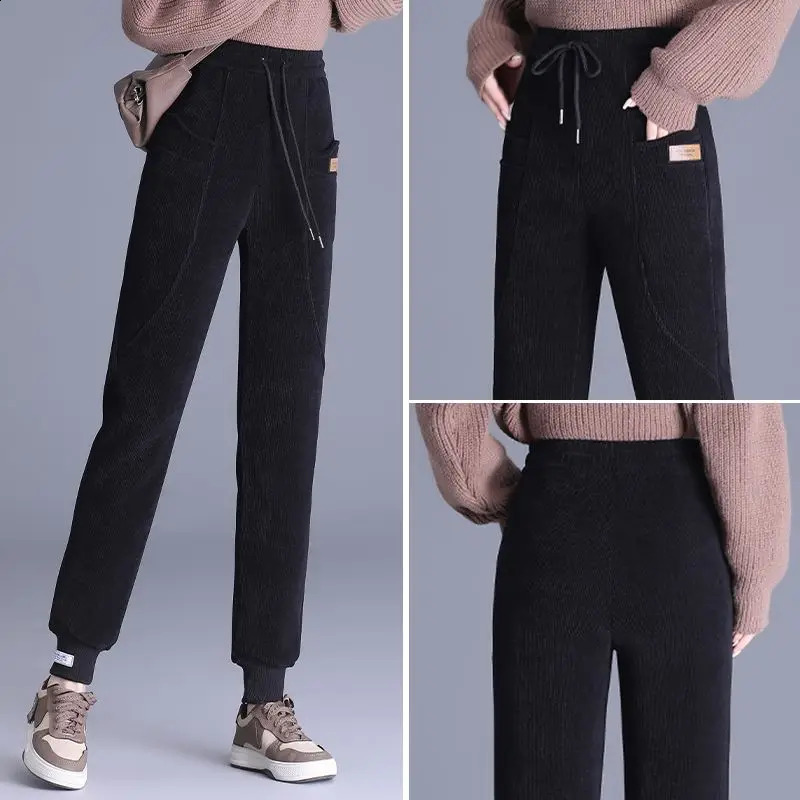 Autumn and winter womens pure thin high waisted elastic drawstring running pants with pockets for fashionable and casual commuters 241202