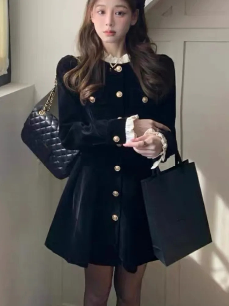 Korean Black Velvet Womens Single Chest Long Sleeve Party Evening Dress Autumn Y2K Fashion A-line Vestido Mujer 241206