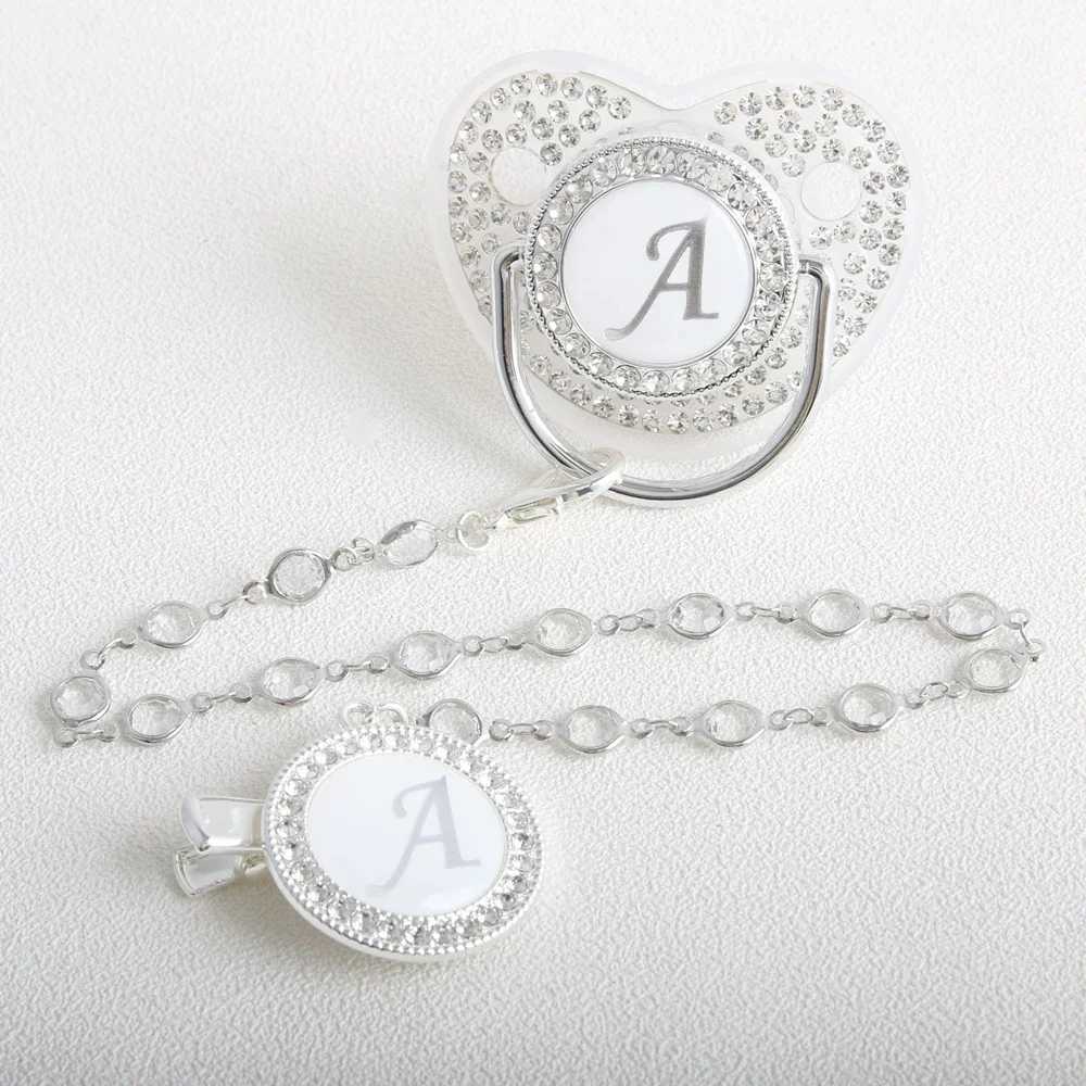 Pacifier Holders Clips# 26 Initial Letter Transparent Baby Pacifier With Chain BPA Free Silver Dummy Soother H241206
