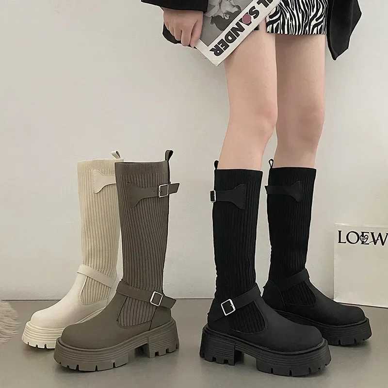 High Quality Lg boots Warm knit elastic boots thick soled warm high knee elegant boots and warm shoes T241206