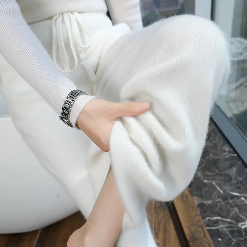 Mink cashmere pants for women in autumn and winter high waisted straight pants fashionable and casual knitted wide leg pants mop pants 241202