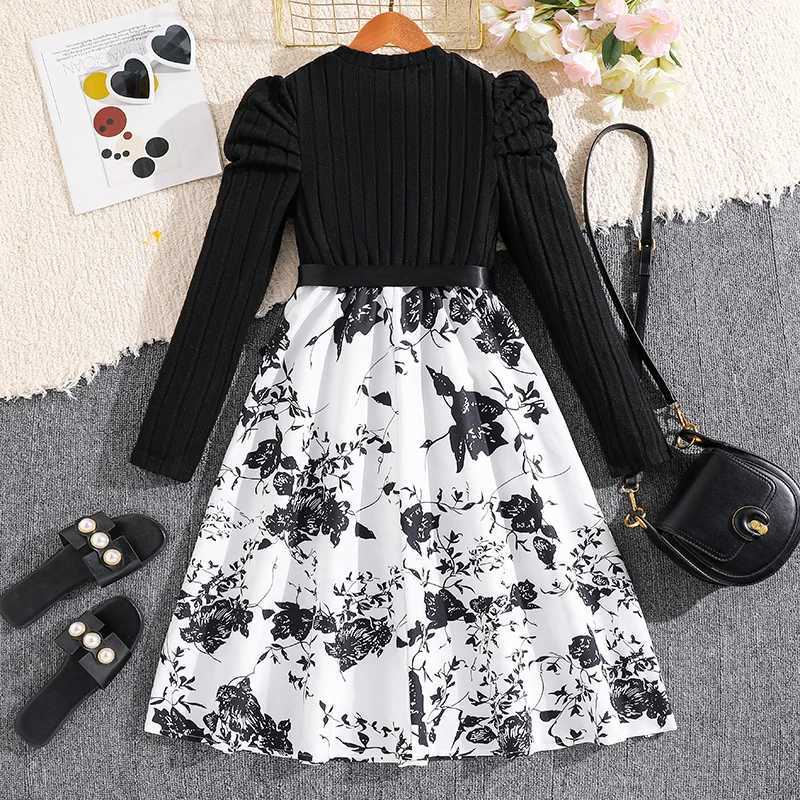 Dress For Girls 8-12 Years O-neck Long-sleeved Black Knit Patchwork Print Dress Give BeltXJ241206